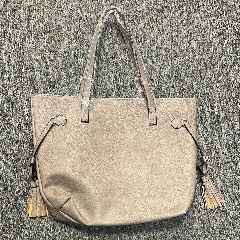 Gray Shoulder Bag with Tassels and Metal Accents